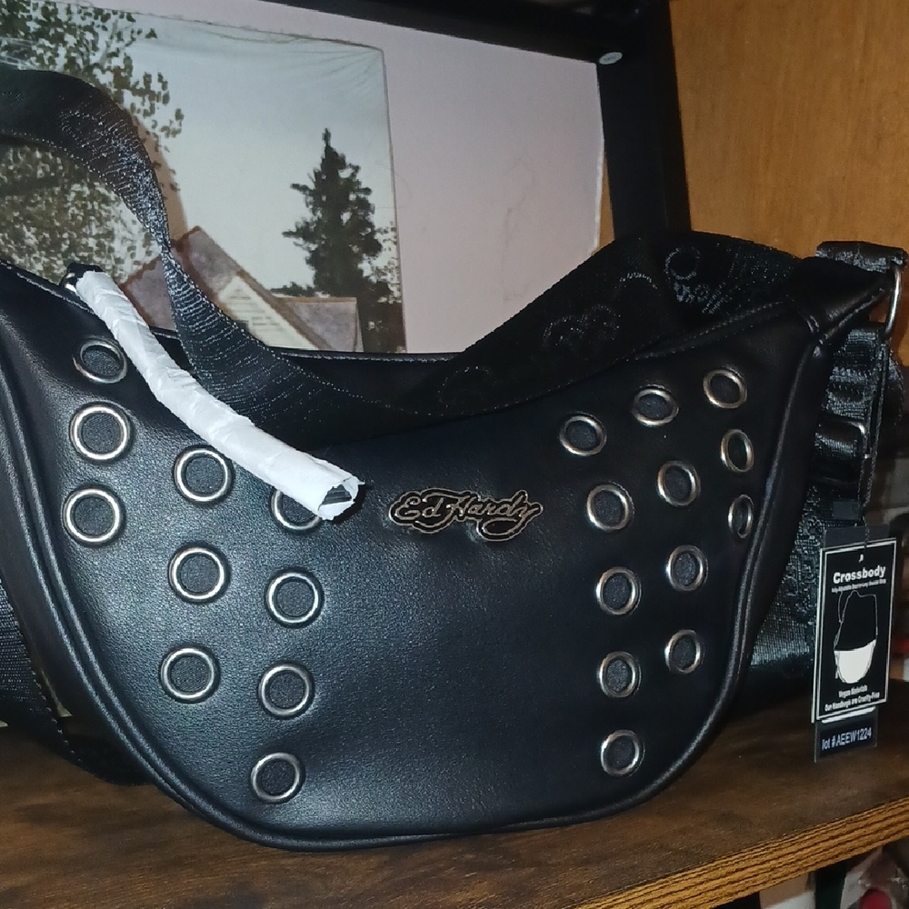 Ed Hardy Black Crossbody Bag with Silver Accents